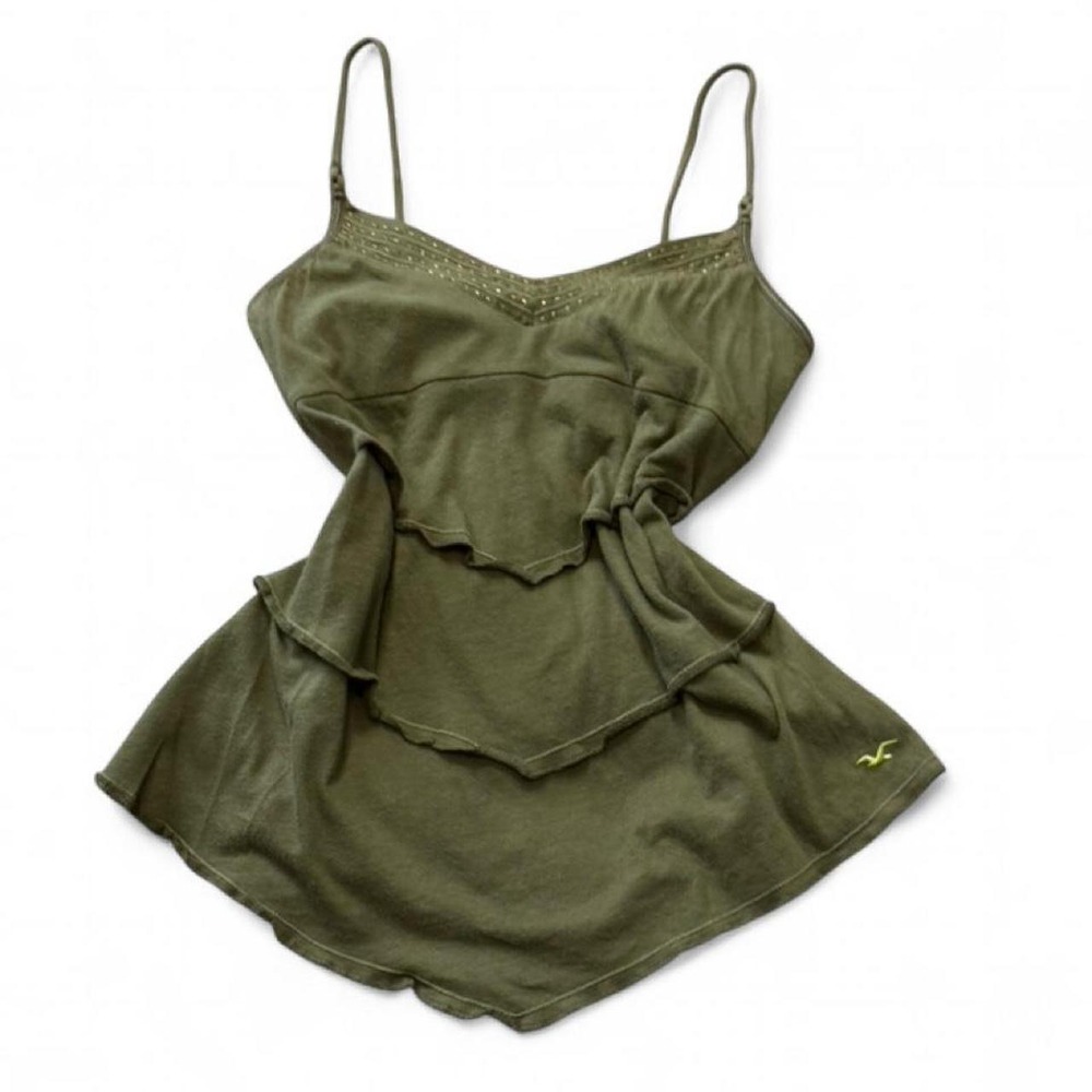 Rare Vintage Y2K Hollister Olive Green‎ Beaded Tiered Ruffle Cami Top, Women's S
